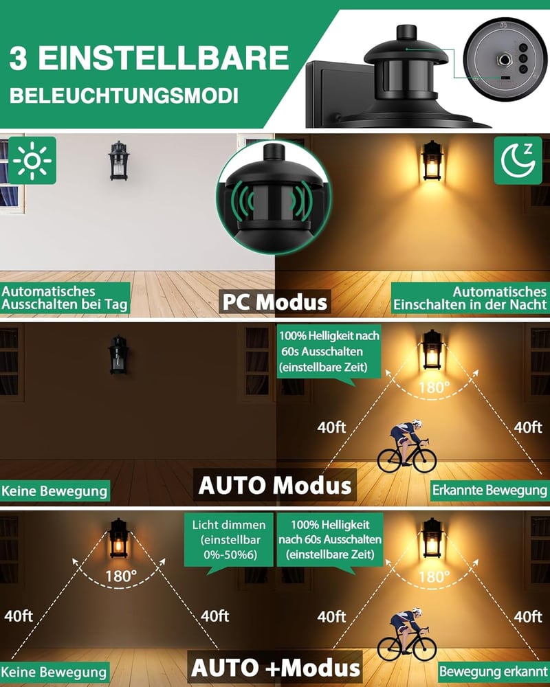 Lamomo Kültéri Fali Lámpa Mozgásérzékelővel - 3 Világítási Mód, Vízálló LED Lámpatest, 100 Lumen, E27 Foglalat, Klasszikus Dizájn, Alumínium