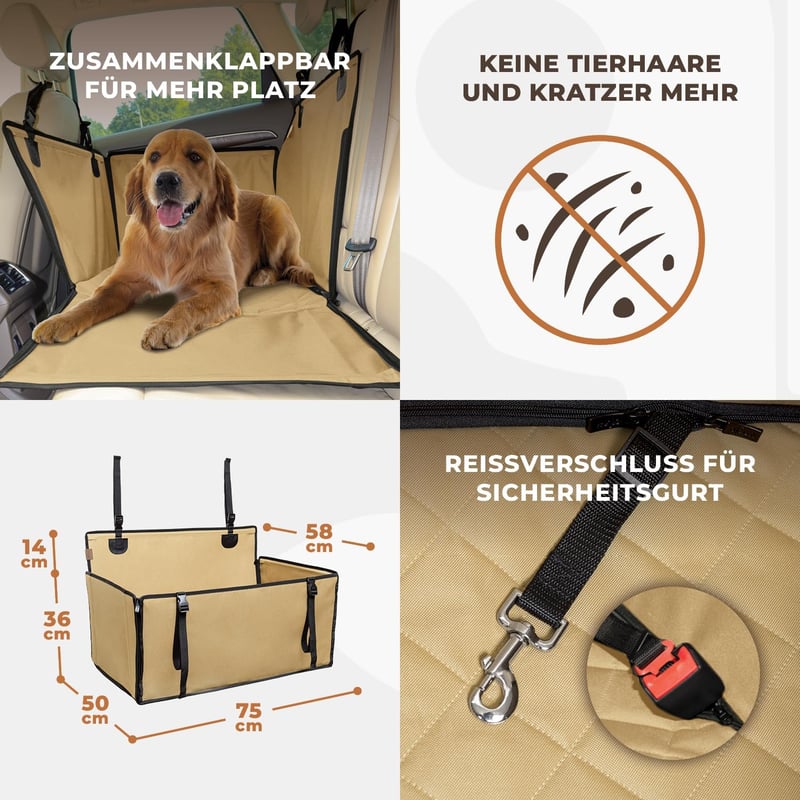 Megerősített, vízálló kutyaülés autóba - Nagy méretű, bézs színű