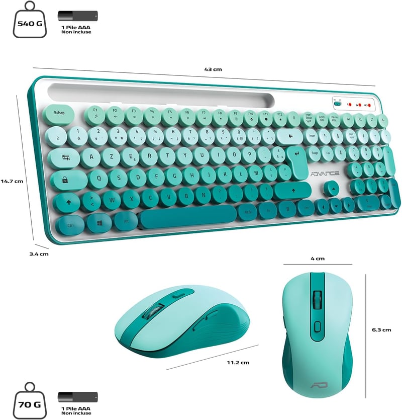 AD ADVANCE PEP'S Vezeték Nélküli Billentyűzet és Egér Szett - Kerek Gombos Írógép Dizájn, Ultra Csendes 2.4GHz, Numerikus Billentyűzet, Tele