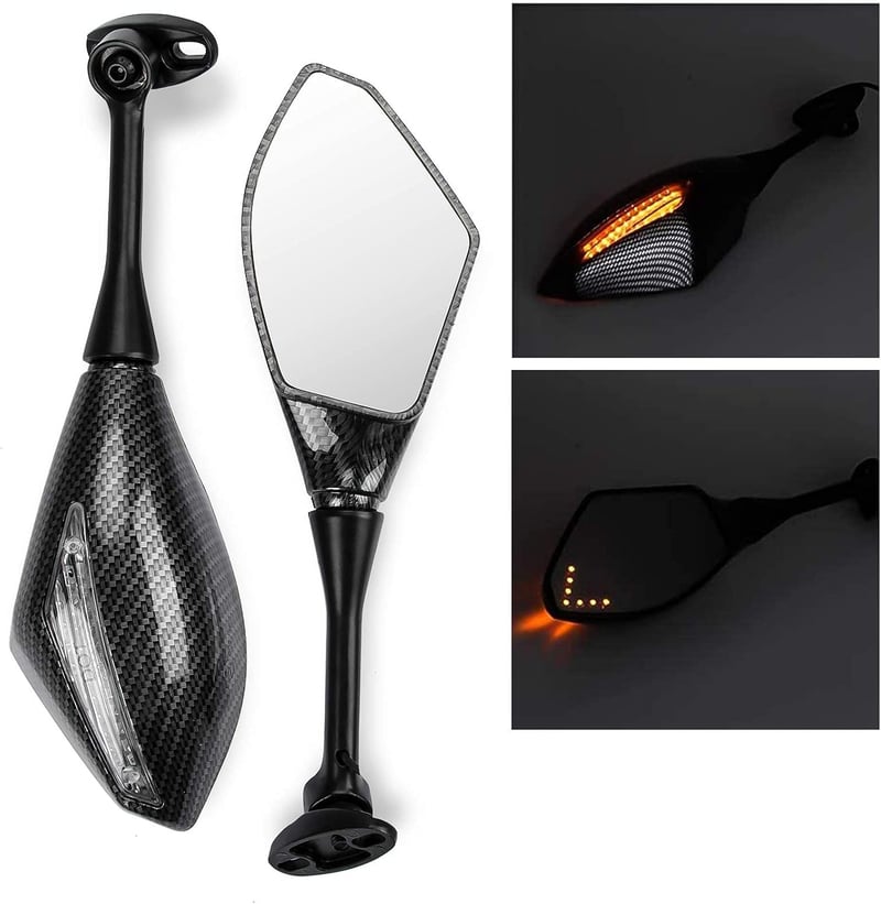 PSLER Karbon LED Irányjelzős Visszapillantó Tükör Szett Sportmotorokhoz - Időjárásálló ABS Ház, Acél Tengely, Egyszerű Felszerelés