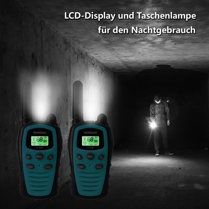 HUNICOM Walkie Talkie Adóvevő 5 km Hatótávval - 16 Csatornás PMR446 Kézi Rádió LED Lámpával, VOX Kéz Nélküli Funkcióval, Kék
