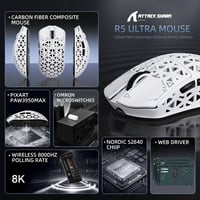 ATTACK SHARK R5 Ultra Szénszálas Gamer Egér, 39g Szuperkönnyű, 8000Hz Vezeték Nélküli, 42000 DPI, Bluetooth/2.4G/Vezetékes, Fehér 2