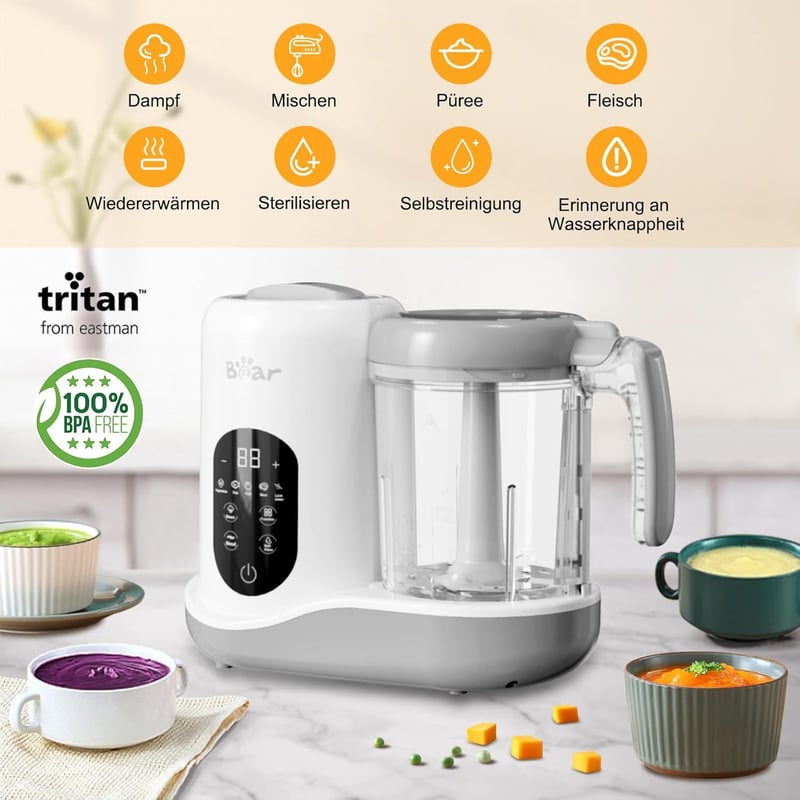 BEAR Bébiétel Készítő - Automata Párolás és Aprítás, 400ml Tritan Edény, BPA-mentes, Öntisztító Funkció, Bébiétel Főző Fehér Színben - White