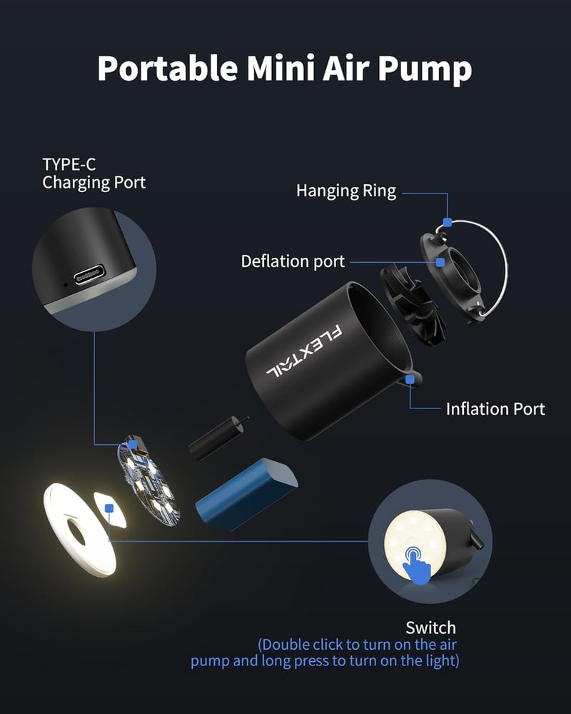 FlexTailGear Mini Pumpa 2024: 4kPa Elektromos Felfújó és Leeresztő Kempingpumpa Lámpával, USB-s
