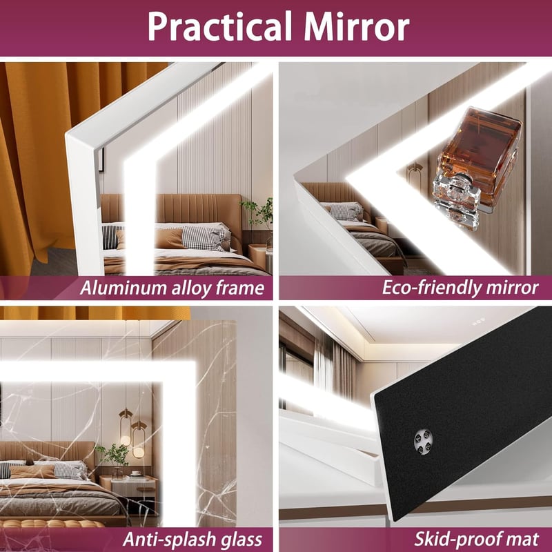 Hasipu LED Sminktükör Világítással, 55x45 cm, 10x Nagyítással, USB Töltőporttal, 3 Színhőmérséklettel, Érintésvezérléssel, Alumínium Keret, 