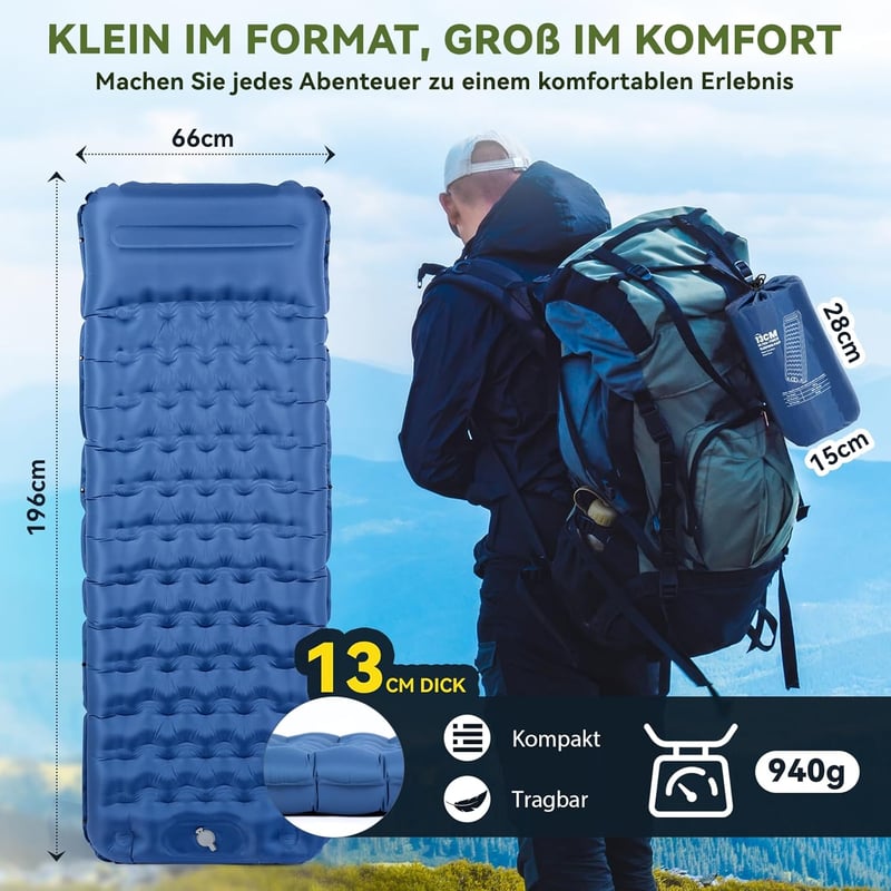 HIKENTURE Önfelfújó Kempingmatrac 13 cm Vastag, Párnával és Lábpumpával - Ultrakönnyű Túramatrac Kempingezéshez, Kiránduláshoz, 200x66 cm