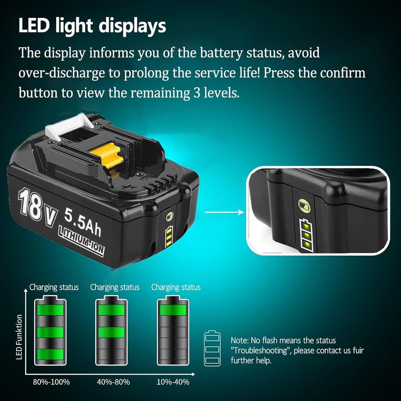 Makita 18V 5.5Ah akkumulátor 2db, LED-es, BL1860B kompatibilis