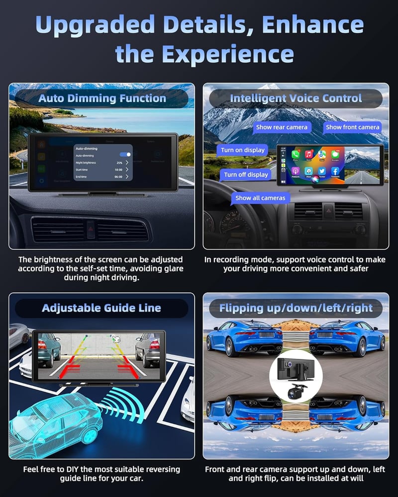 Jansite 10,26" Apple CarPlay Android Autós Kijelző 2.5K Műszerfali Kamerával, Vezeték Nélküli DrivePlay, Tolatókamera, Bluetooth, Tükrözés