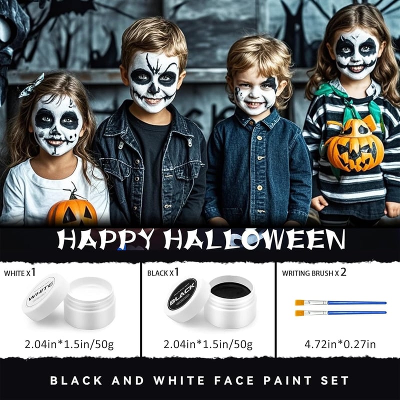 Sunshine smile 100g Fekete-Fehér Arcfesték Szett - Krém Állagú Testfesték Ecsetekkel, Halloween, Farsang, Színházi Smink Gyerekeknek és Feln