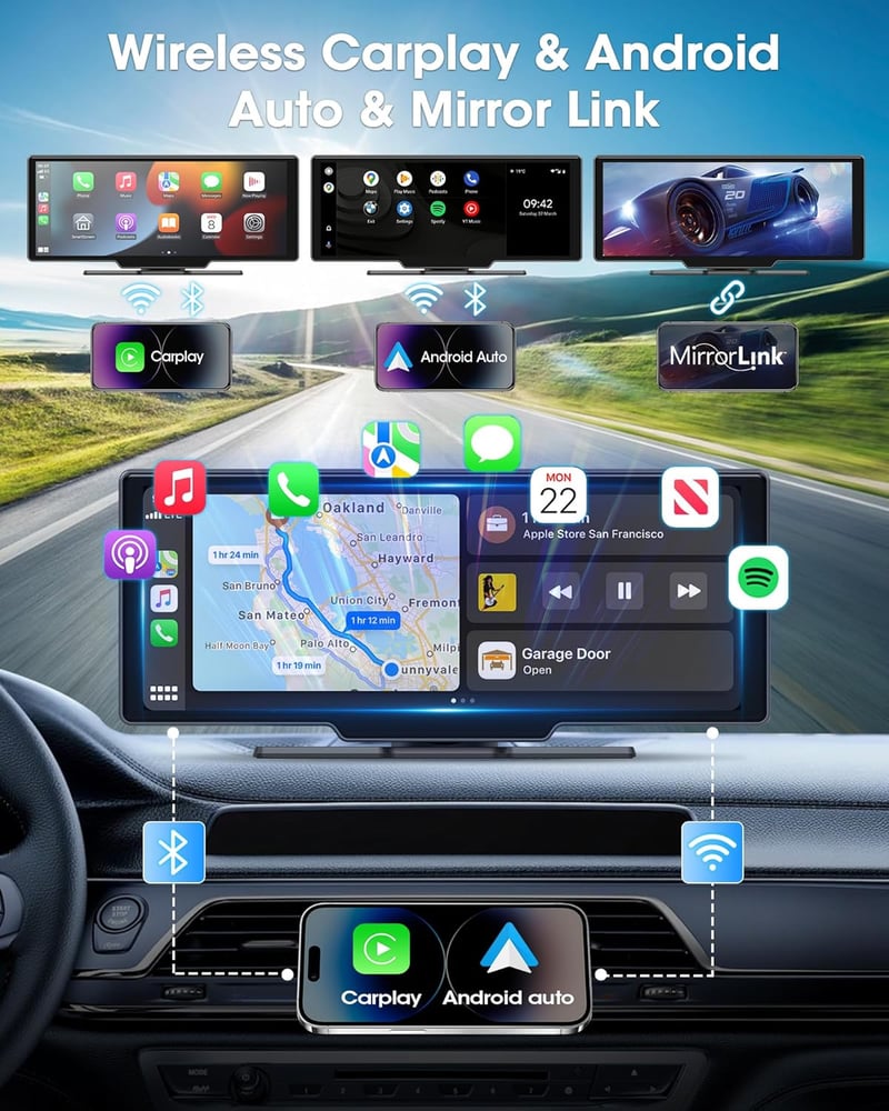 Driveplay 10,26" Vezeték Nélküli Carplay Autós Kijelző 2,5K Fedélzeti Kamerával - Tükrözés, Dupla Bluetooth 5.0, Siri/Google Támogatás, 64GB