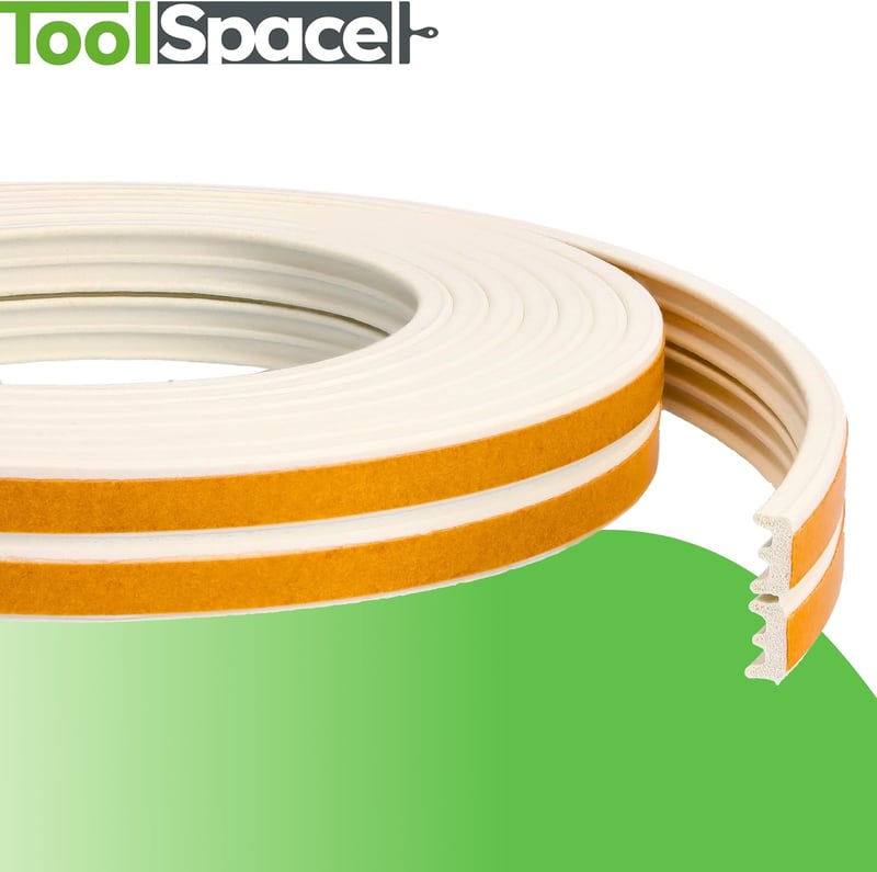 ToolSpace Öntapadós Ajtó- és Ablakszigetelő Szalag, 6m, E-Profil, Fehér, Gumi Tömítés, Por- és Rovarvédelem, Energiatakarékos, Bel- és Külté