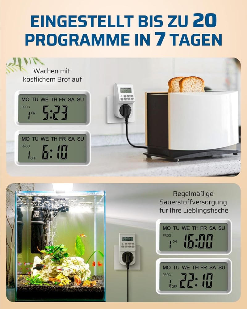 DEWENWILS Digitális Időzítő Konnektor - 20 Programozható Időzítés, LCD Kijelző, Karácsonyi Világításhoz, Háztartási Gépekhez, 3840W, Fehér