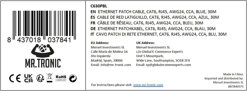 Mr. Tronic 30 méteres Cat6 UTP kék ethernet kábel, RJ45 csatlakozókkal