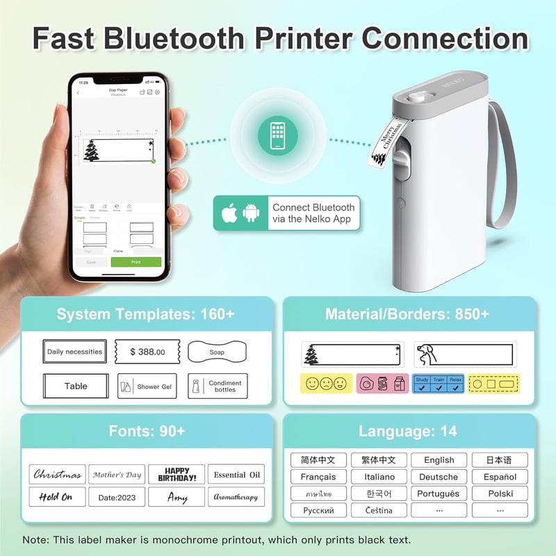 Nelko P21 Bluetooth címkenyomtató - Hordozható, vezeték nélküli, öntapadós etikett készítő iOS/Android-hoz papírt nem tartalmaz