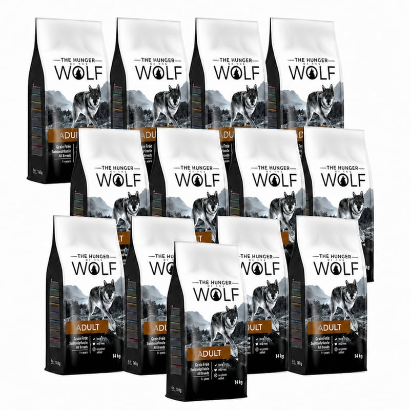 Hrană uscată pentru câini adulți The Hunger of the Wolf, fără cereale, cu somon și cartofi, pentru toate rasele, 13 kg