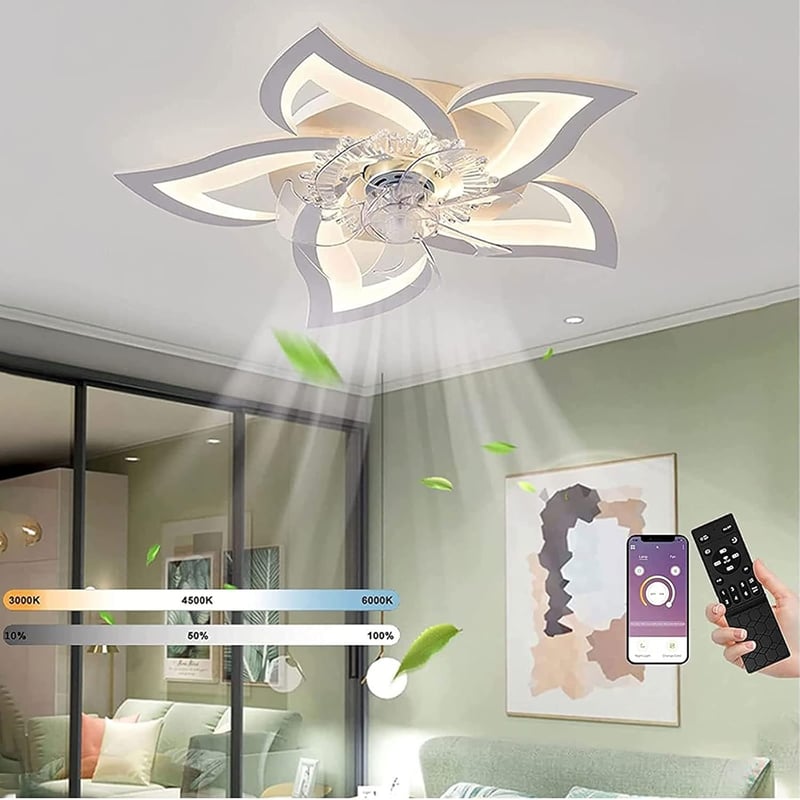 MiiR LED Mennyezeti Ventilátor Világítással - 69 cm Virág Alakú Lámpa, 5 Fényforrás, Távirányítóval és Applikációval, Fényerőszabályozható, 