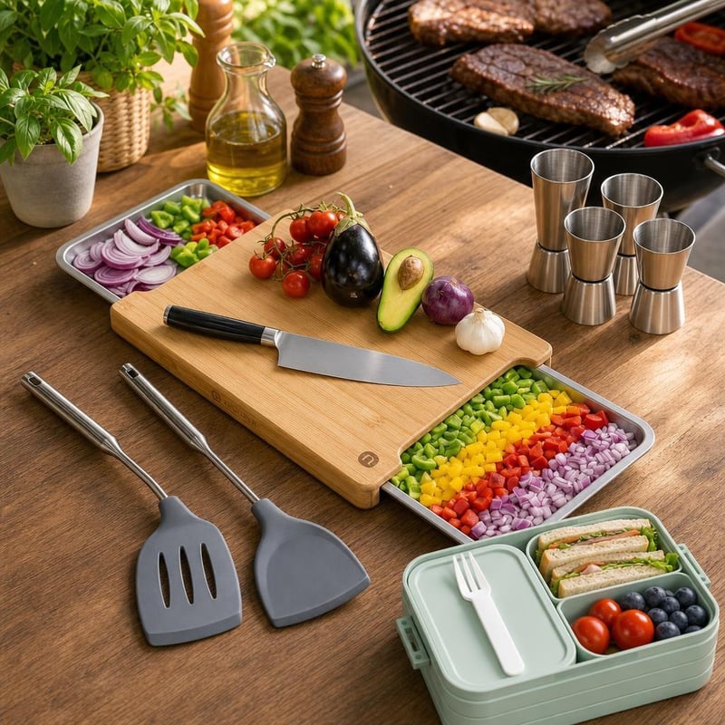Kuhinjski početni set: 2x silikonska špatula + bambus daska + 4x mjerica + 900ml bento posuda