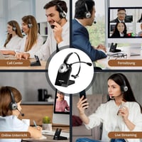 TECKNET Bluetooth Fejhallgató Mikrofonnal és USB Adapterrel - 45 Órás Üzemidő, 10m Hatótáv, AI Zajszűrés, Töltőállomás, Irodai Headset - 2-black, Bluetooth + USB dongle + charging station 7