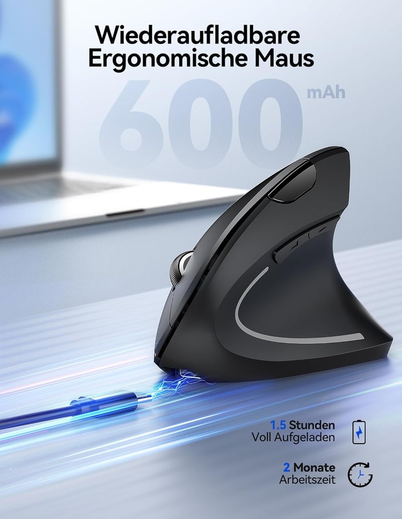 TECKNET Ergonomikus Vezeték Nélküli Egér - Újratölthető, 4800 DPI, Csendes Kattintás, 6 Gomb, LED Kijelző, Fekete