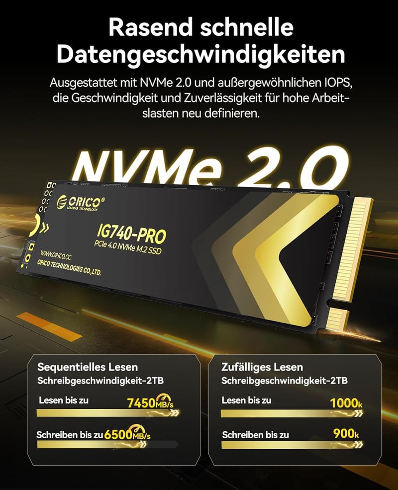 ORICO IG740PRO 2TB M.2 NVMe SSD PCIe 4.0 - 7450 MB/s Sebesség, TLC 3D NAND, Hűtőbordával - Ipari és Otthoni Használatra, Laptop, PC, PS5 Kom