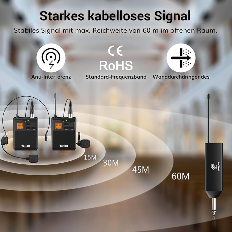 TONOR UHF Vezeték Nélküli Mikrofon Szett - Dupla Fejpántos és Csíptetős Mikrofonnal, 60m Hatótáv, 5 Frekvencia, 6.35mm Csatlakozó