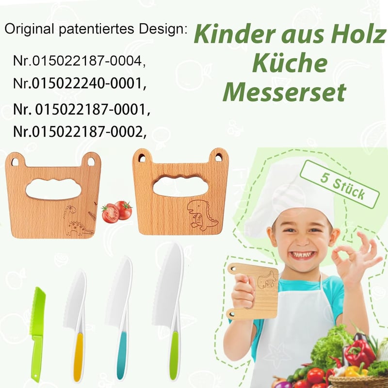 Goodchef 5 részes gyerekeknek való konyhai késkészlet - Dinoszáuros mintájú, biztonságos, fogazott élű műanyag és fa kések 2 éves kortól, zö