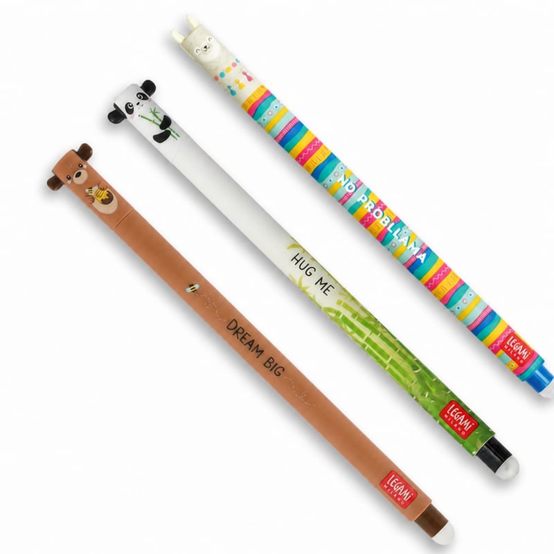 Set LEGAMI brišućih gel olovaka, 3 komada - medvjedić, panda, lama - crna, plava, zelena, crvena tinta - 0,7 mm - termo-osjetljiva olovka koja se briše