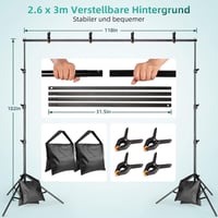 FGen Fotóstúdió Szett 2,6x3m Állvánnyal - Pamut Zöld Háttérvászonnal, 135W CFL és 85W LED Lámpákkal, Softbox Szett Termékfotózáshoz, Portréh 4