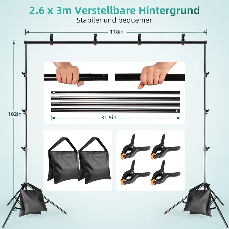 FGen Fotóstúdió Szett 2,6x3m Állvánnyal - Pamut Zöld Háttérvászonnal, 135W CFL és 85W LED Lámpákkal, Softbox Szett Termékfotózáshoz, Portréh
