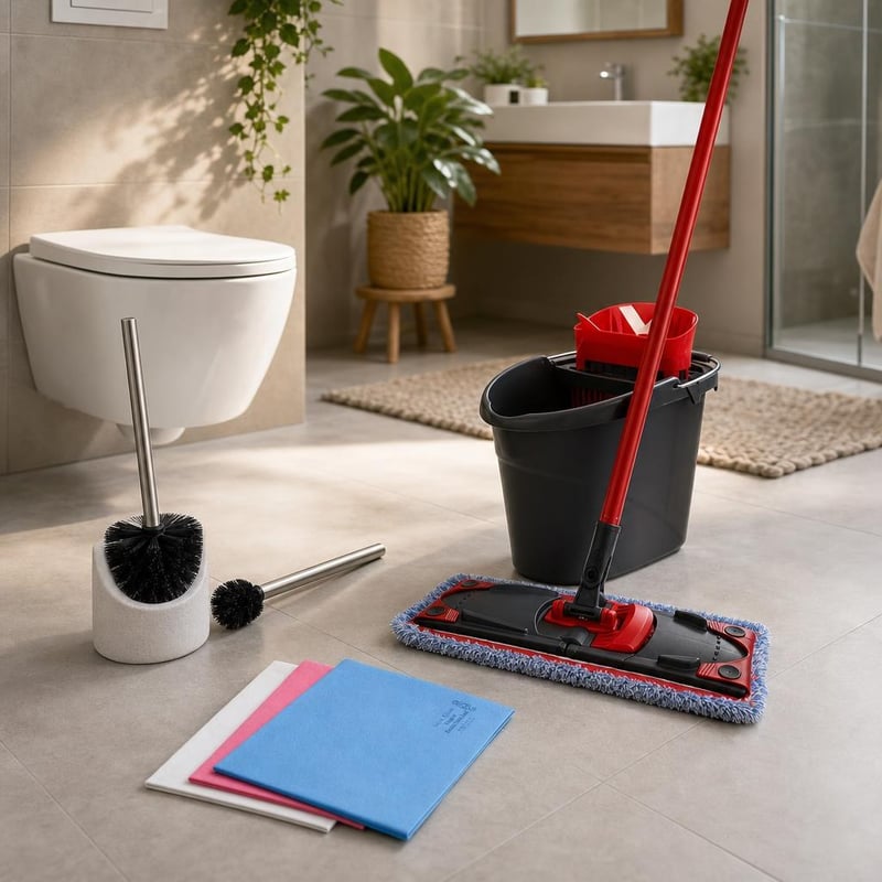 Balík pre žiarivú kúpeľňu: WC kefa + 4x handrička + mop s vedrom