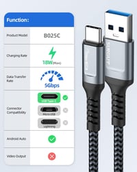SUNGUY USB 3.0 - USB C Gyorstöltő Kábel 30cm, 5Gbps Adatátvitel, Univerzális 3