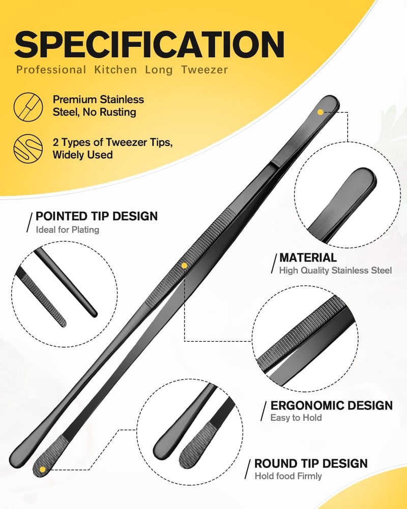 BUNDLEPRO 2 db 30,5 cm-es Konyhai Csipesz - Rozsdamentes Acél Profi Hosszú Fogó BBQ-hoz, Tálaláshoz - Fekete