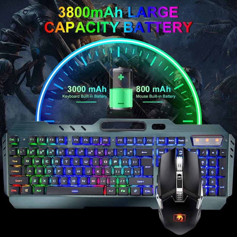 MAMBASNAKE Vezeték Nélküli Gamer Billentyűzet és Egér Szett, 2.4G, 3800mAh Akkumulátor, RGB LED Háttérvilágítás, 2400DPI, 7 Színű Egér