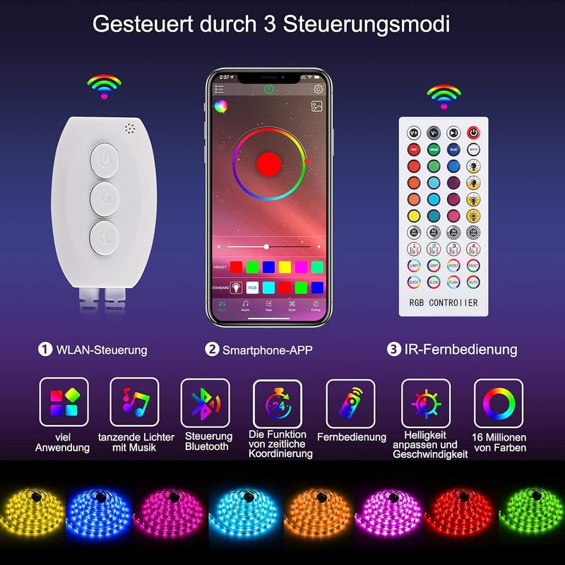 ALED LIGHT Bluetooth LED Szalag 5M RGB - Okostelefonról Vezérelhető, Vízálló, 12V-os Színes Fényszalag Otthoni és Kerti Dekorációhoz Távirán
