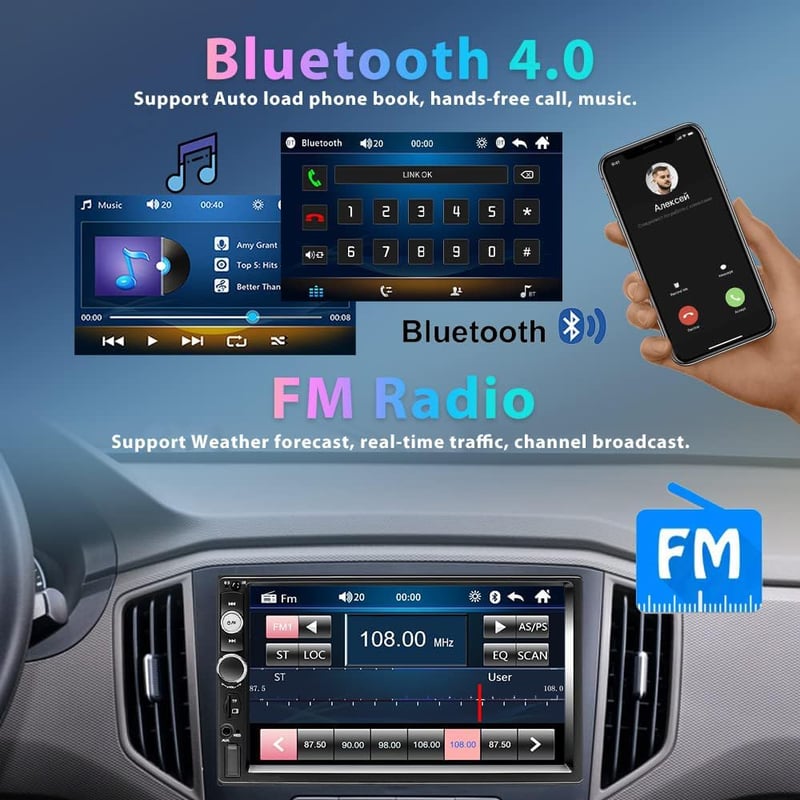 Podofo 2 DIN Autórádió 7" Érintőképernyővel - Bluetooth, MP5 Lejátszó, FM Rádió, Tükrözés, Kormányvezérlés, Tolatókamera