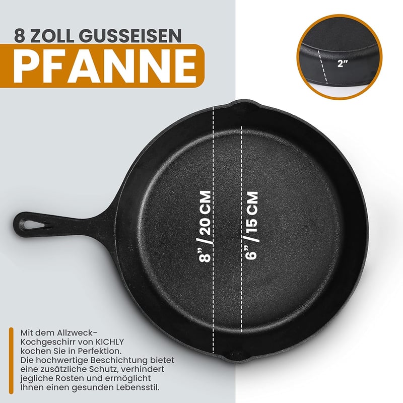 KICHLY Előzsírozott Öntöttvas Serpenyő - Grillezéshez, Beltéri és Kültéri Használatra (20 cm)