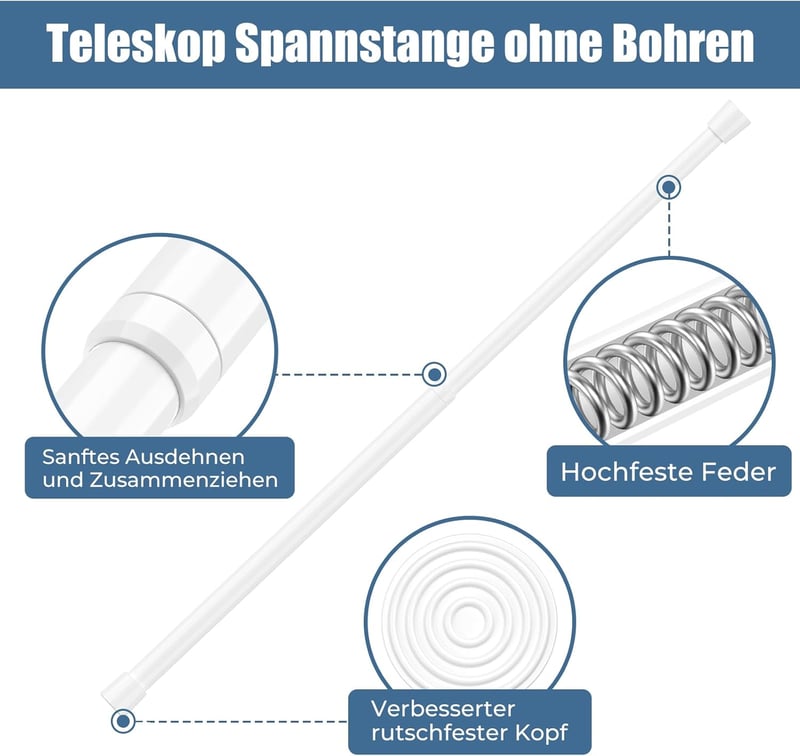 QINGYUN Fúrás Nélküli Teleszkópos Függönyrúd Szett, 2 db, 68-100 cm, Fehér, Rugós Rögzítés, Ablakra, Szekrényre, Konyhába