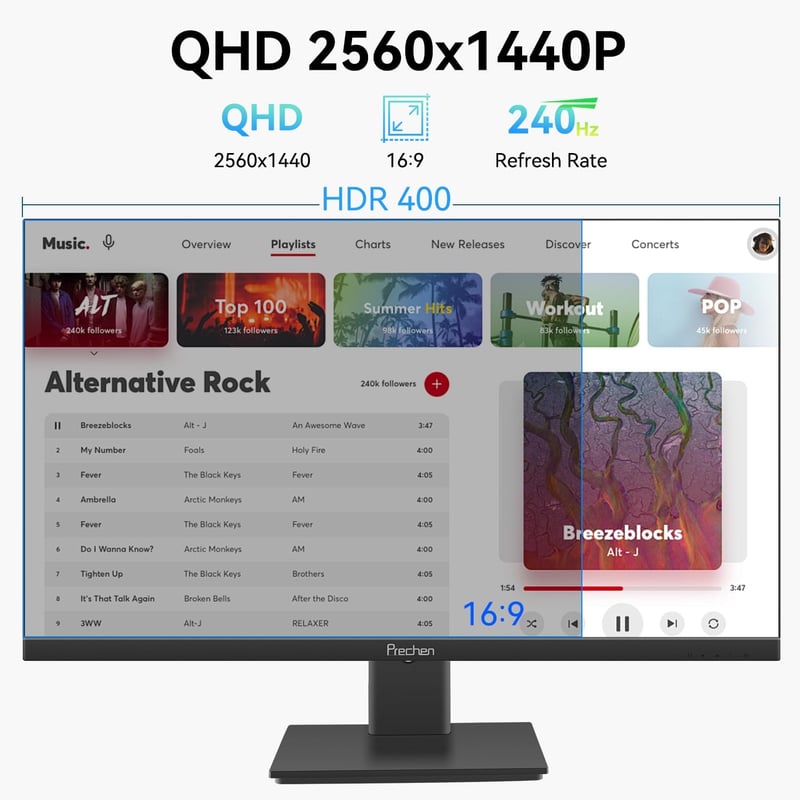Prechen 27" 2K QHD Gamer Monitor 240Hz, 1ms, HDR400, 2560x1440P, FreeSync Premium Pro, Beépített Hangszórók, VESA Kompatibilis
