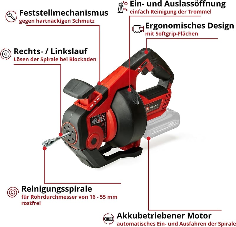Einhell TE-DA 18/760 Li-Solo Akkus csőtisztító - 18V, 7,6m spirállal, 16-55mm átmérőhöz, Power X-Change rendszer (akku és töltő nélkül)