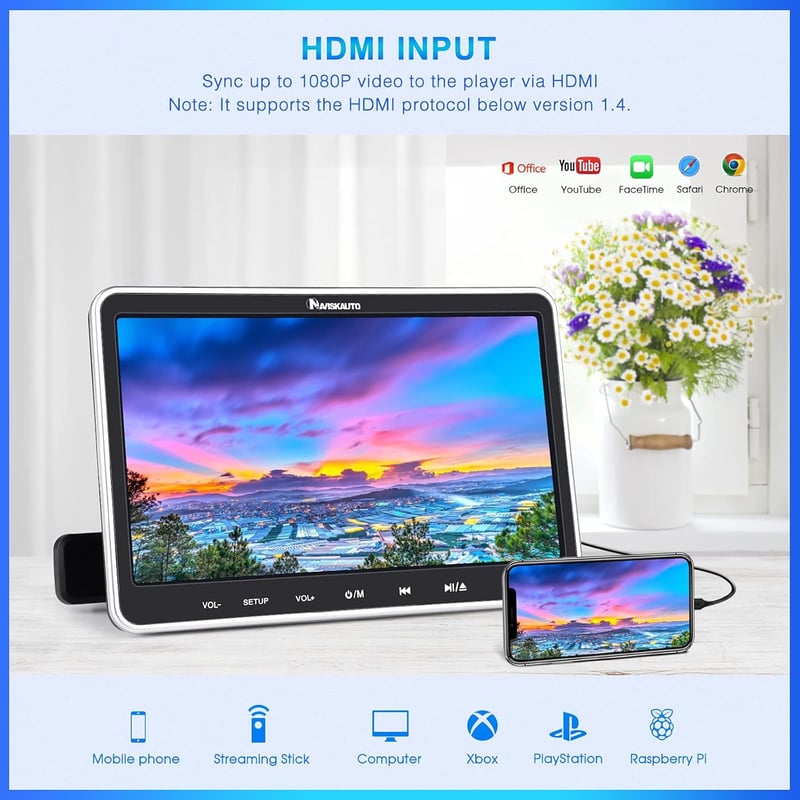 NAVISKAUTO 10.1" Autós DVD Lejátszó Szett - 2 Fejtámlára Szerelhető Monitor, HDMI Bemenet, 2 Fejhallgató, Memória Funkció, USB/SD Kártyaolva