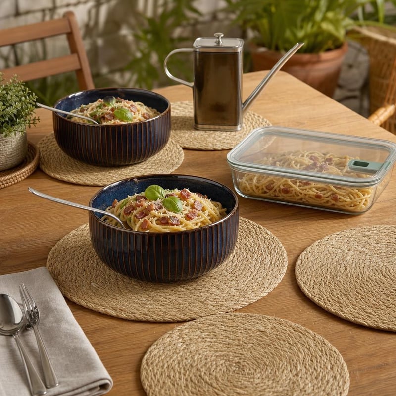 Pasta Magic set za blagovanje: 2x keramički tanjur + posuda za ulje + posuda za hranu + 8x podmetač
