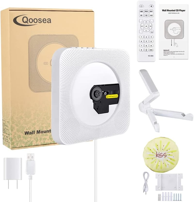 Qoosea Hordozható CD Lejátszó Bluetooth HiFi Hangszóróval - Falra Szerelhető Zenelejátszó FM Rádióval, Távirányítóval és MP3 Csatlakozóval