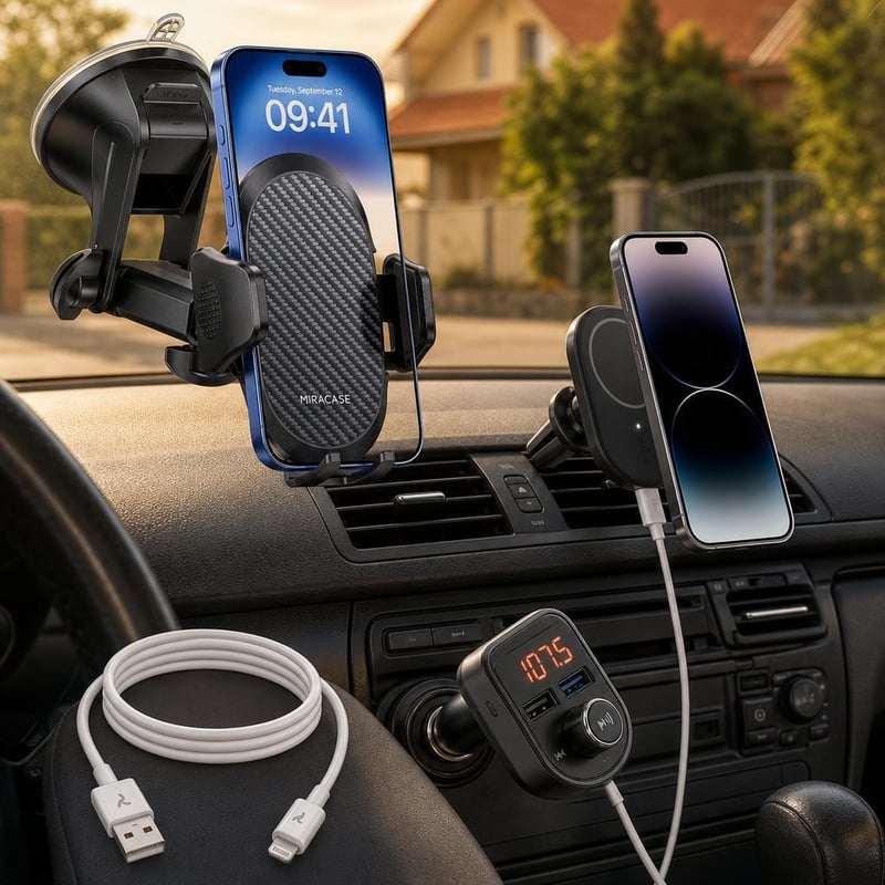 Autový balík pre iPhone: držiak + nabíjačka + kábel + FM vysielač