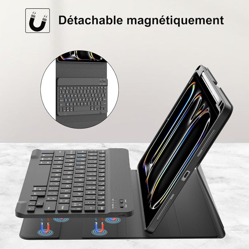 FARYODI iPad Pro 11 (M4) 2024 Védőtok AZERTY Francia Billentyűzettel - Levehető Bluetooth Billentyűzet, Beépített Tolltartó, Fekete