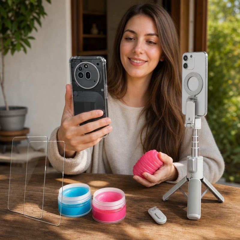 Mobil foto set: Nothing 3a Pro obal + 2x sklo + 2x čistiaci gél + selfie statív + Bluetooth ovládač