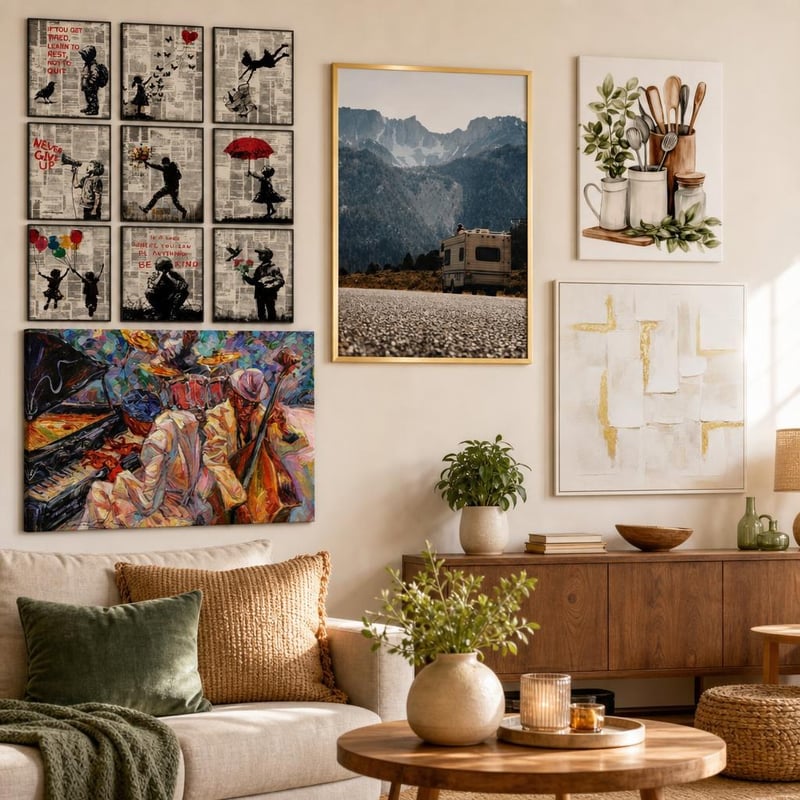 Set za galerijski zid: 9x platno 20x25 + zlatni okvir 30x40 + botanička slika + 2x platno 60x90/60x60