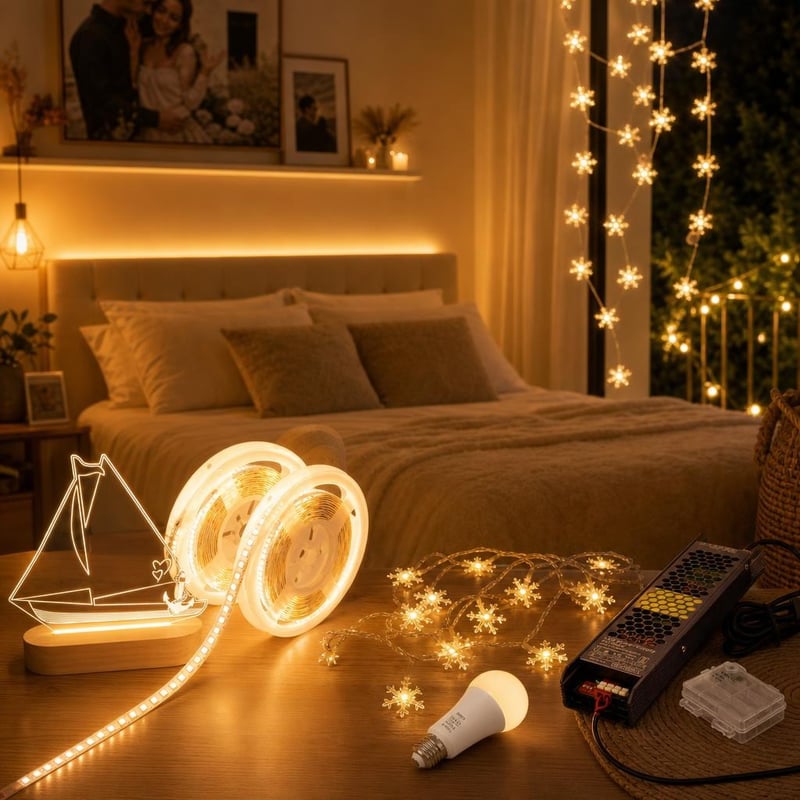 Čarolija svjetla za spavaću sobu: noćna lampa + 10m LED traka + 40 LED lampica + E27 žarulja