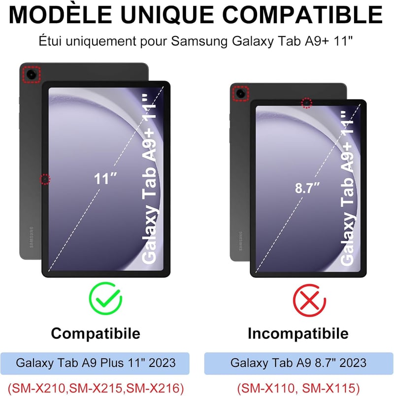 FARYODI Billentyűzetes Tok Samsung Galaxy Tab A9+ 11" 2023 Tablethez - Francia AZERTY Kiosztás, Stifttartóval, Fekete Védőtok (SM-X210/X216/