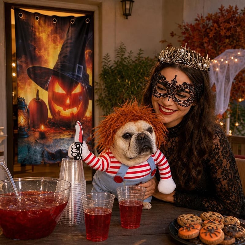 Set Party Halloween: costum animal + banner ușă + mască tiară gotică + 50 pahare eveniment