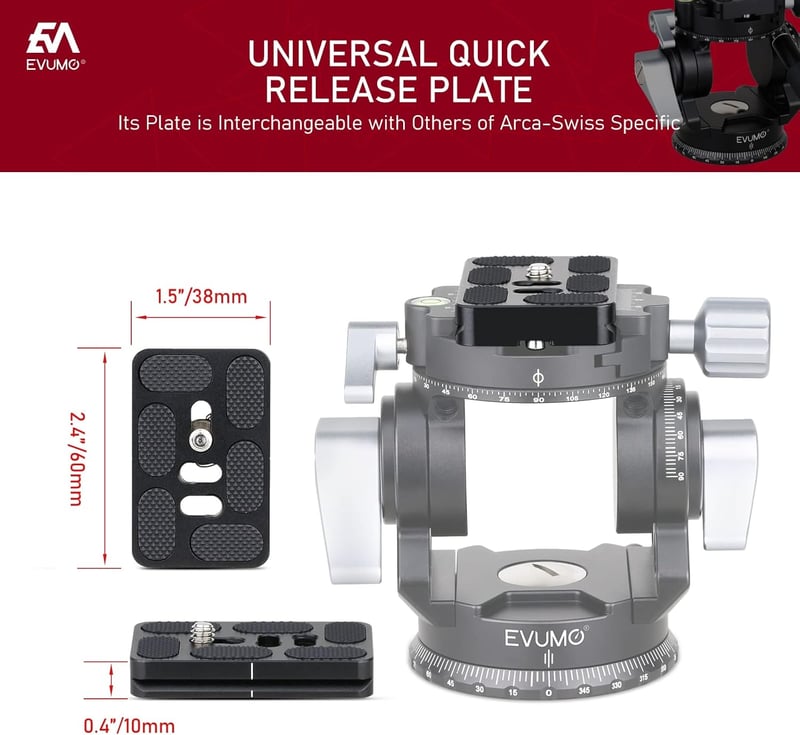 EVUMO Dupla Panoráma Állványfej - 360° Forgó Videófej Kamerákhoz, 8 kg Teherbírás, Arca-Swiss Kompatibilis, DSLR, Okostelefon, Alumínium, 52